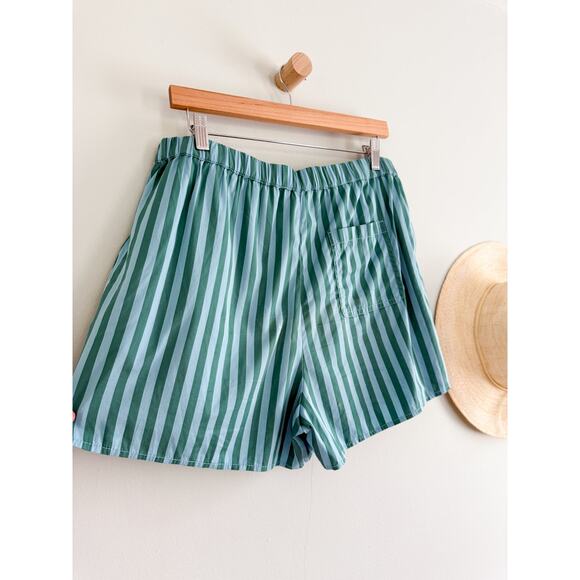 Madewell | Curved Hem Pull-On Shorts in Poplin in Bayside Stripe Cool Aqua Sz L - Picture 6 of 10